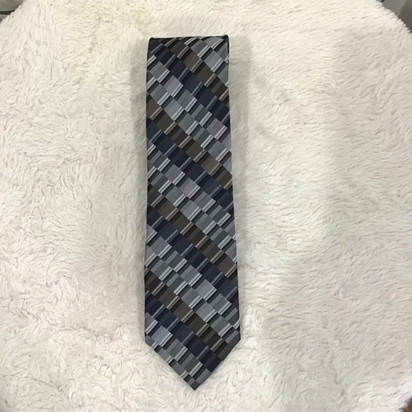 Calvin Klein CK Men Silk Geometric Tie Extra Long Gray Multicolored Classic - Picture 1 of 4